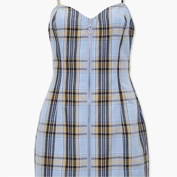 NWT Bodycon Mini Dress Blue/Yellow Plaid Forever 21 Adjustable Straps Zip - Picture 2 of 5